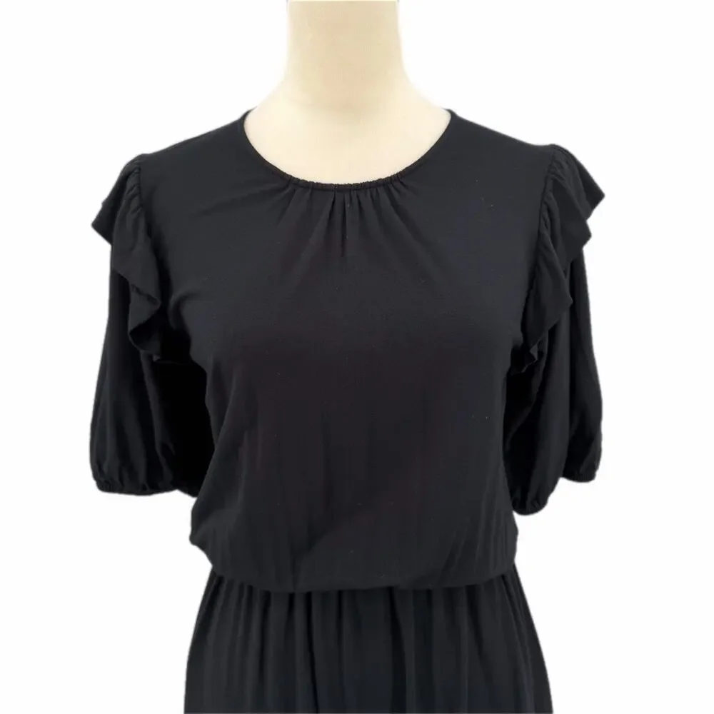 Boden 6 Black Ruffle Jersey Midi Basic Casual Minimalist Boho Office Work Dress